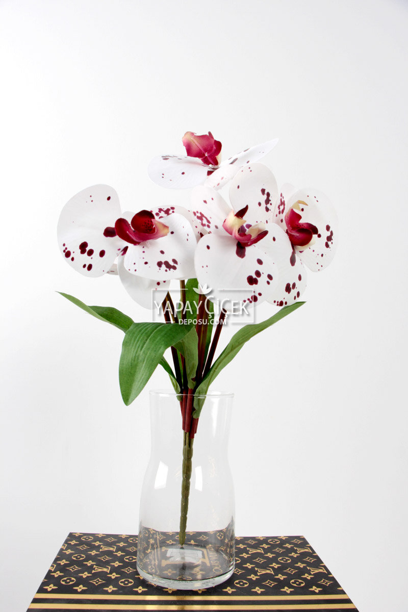 Yapay 7 Dallı Islak Dokulu Orkide Demeti 40 Cm Bordo Benekli
