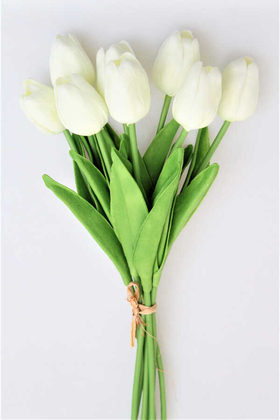 Yapay Çiçek Deposu - Yapay 8li Lüx Islak Lale Buketi Gerçek Doku Beyaz