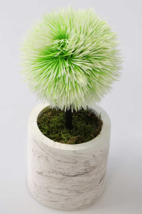 Yapay Çiçek Deposu - Yapay Ağaç Handmade Mermer Görünümlü Beton Saksıda Mini Top Kirpi Degrade Yeşil-Taş Saksı