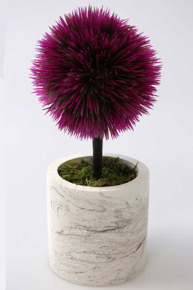 Yapay Çiçek Deposu - Yapay Ağaç Handmade Mermer Görünümlü Beton Saksıda Mini Top Kirpi Fuşya-Taş Saksı