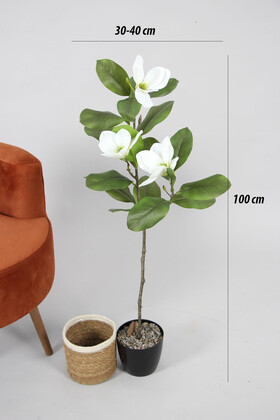 Yapay Çiçekli Manolya Ağacı 100 cm Beyaz (Hasır Saksılı) - 4
