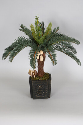 Yapay Çiçek Deposu - Vintage Kabartmalı Saksıda Yapay Ananas Sıkas Ağacı 55 cm