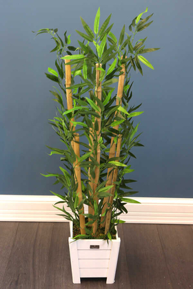 Yapay Bambu Ağacı 6 Gövde 110 cm(Beyaz Ahsap Saksı) - Thumbnail