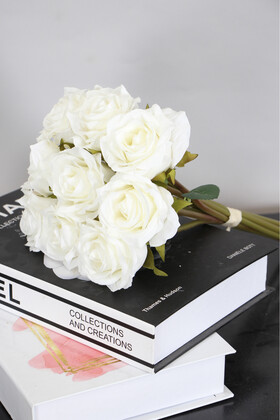 Yapay Çiçek Deposu - Yapay lüx 9lu Zarif Gül Demeti 40 cm Beyaz