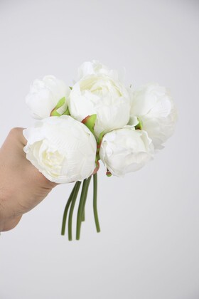 Yapay Çiçek 6lı ipek Peony Şakayık Gül Demeti 25 cm Beyaz - 5