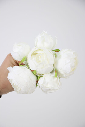 Yapay Çiçek 6lı ipek Peony Şakayık Gül Demeti 25 cm Beyaz - 6