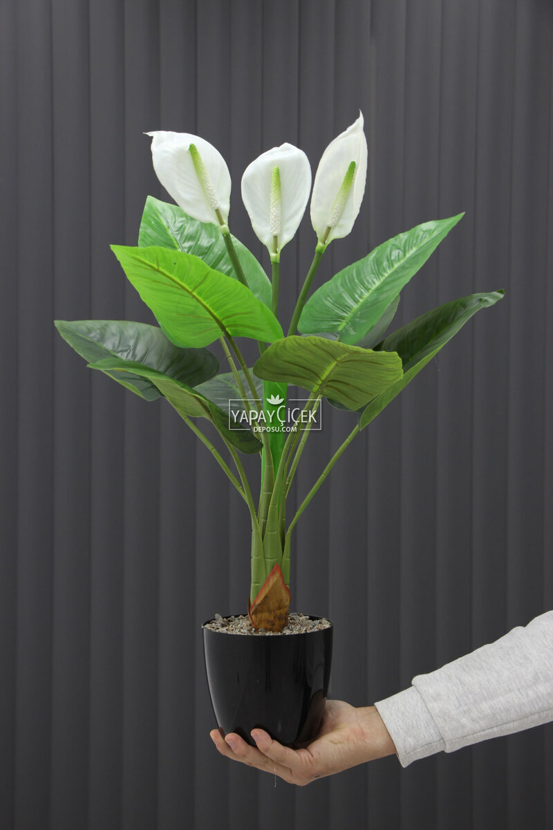 Yapay Ağaç Çiçekli Spatifilyum Bitkisi 70 Cm(9 Yaprakli-3 Çiçekli)