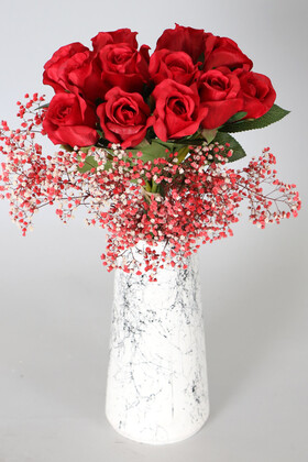 Yapay Çiçek Deposu - Mermer Desenli Büyük Vazoda Yapay Delüks Cipsolu Kırmızı Gül Tanzimi 50 cm