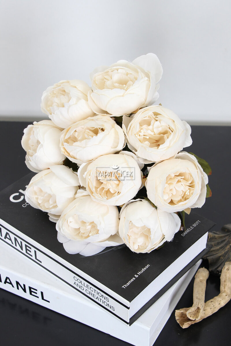 Yapay Çiçek 10 Dal Lüx İncili Gül Rosa Lucieae 40 Cm Beyaz