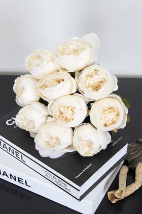 Yapay Çiçek Deposu - Yapay Çiçek 10 Dal Lüx İncili Gül Rosa Lucieae 40 cm Beyaz