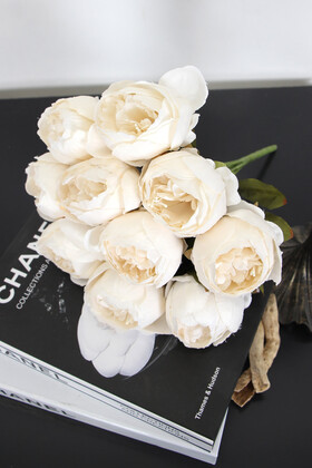Yapay Çiçek 10 Dal Lüx İncili Gül Rosa Lucieae 40 cm Beyaz - Thumbnail