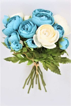 Yapay Çiçek Deposu - Yapay Çiçek 15li Küçük Şakayık Gül Buketi Beyaz-Mavi