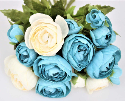 Yapay Çiçek 15li Küçük Şakayık Gül Buketi Beyaz-Mavi - Thumbnail