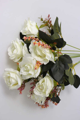 Yapay Çiçek Açmış 9lu Gül Buketi Beyaz - Thumbnail