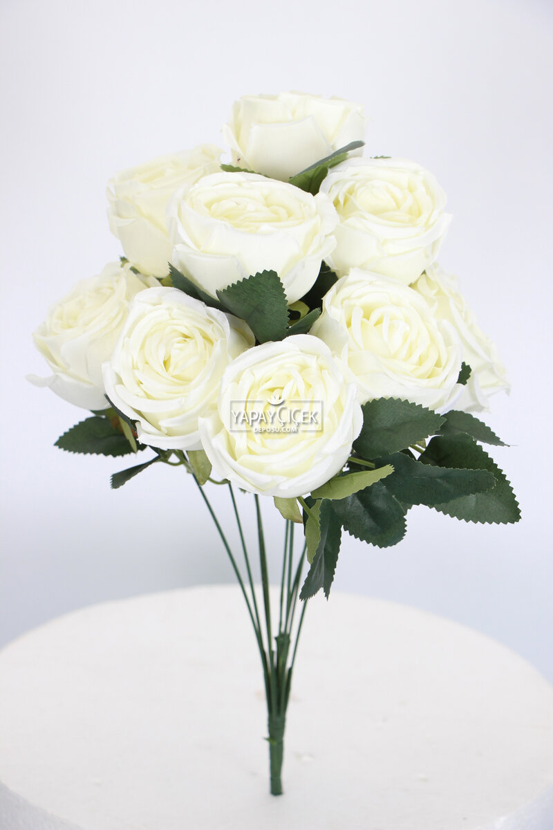 Yapay Çiçek 9lu Kat Kat Gül Demeti 42 cm Beyaz