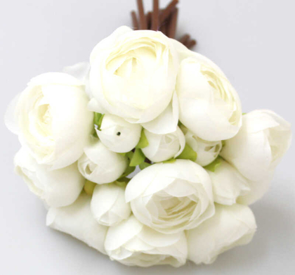 Yapay Çiçek İnce İpek 16lı Gül Demeti Beyaz - Thumbnail