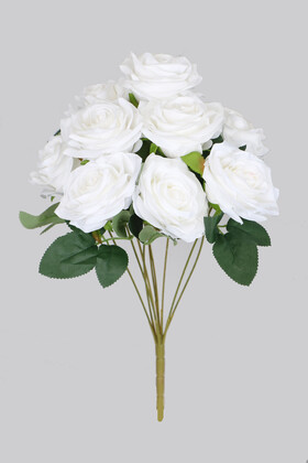 Yapay Çiçek Deposu - Yapay 9lu Lüx İri Gül Demeti Beyaz
