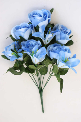 Yapay Çiçek Deposu - Yapay Çiçek 11 Dallı Lilyum Gül Buketi Mavi