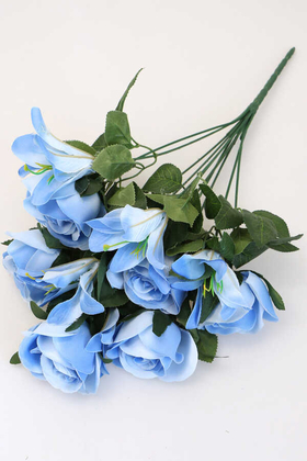 Yapay Çiçek 11 Dallı Lilyum Gül Buketi Mavi - Thumbnail