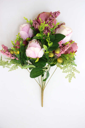 Yapay Çiçek Deposu - Yapay Çiçek 11 Dal Katlı Gül Aranjmanı 45 cm Açık Mor-Pastel Pembe