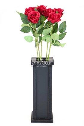 Ahşap Vazoda Yapay 7li Kadife Gül Dalı 50 cm Kırmızı - 3