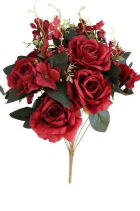 Yapay Çiçek Deposu - 13 Dal Premium Gül Aranjmanı Koyu Kırmızı
