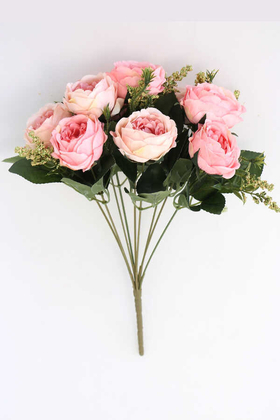 Yapay Çiçek 9 Dallı Meilland Cipsolu Gül Demeti Pembe - Thumbnail
