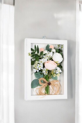 Dekoratif Yapay Çiçek Çerçeve Tablo 28cmx37cm Pudra - Beyaz - 2