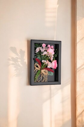 Dekoratif Yapay Çiçek Çerçeve Tablo 28cmx37cm Pudra - Pembe - 3