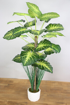 Yapay Çiçek Deposu - Yapay Difenbahya Ağacı 105 cm Beton Saksılı Yeşil-Sarı
