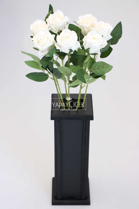 Yapay Çiçek Deposu - Ahşap Vazoda Yapay 7li Kadife Gül Dalı 50 cm Beyaz
