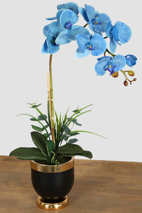 Yapay Çiçek Deposu - Metal Siyah-Gold Saksıda Exclusive Islak Yapay Orkide Mavi