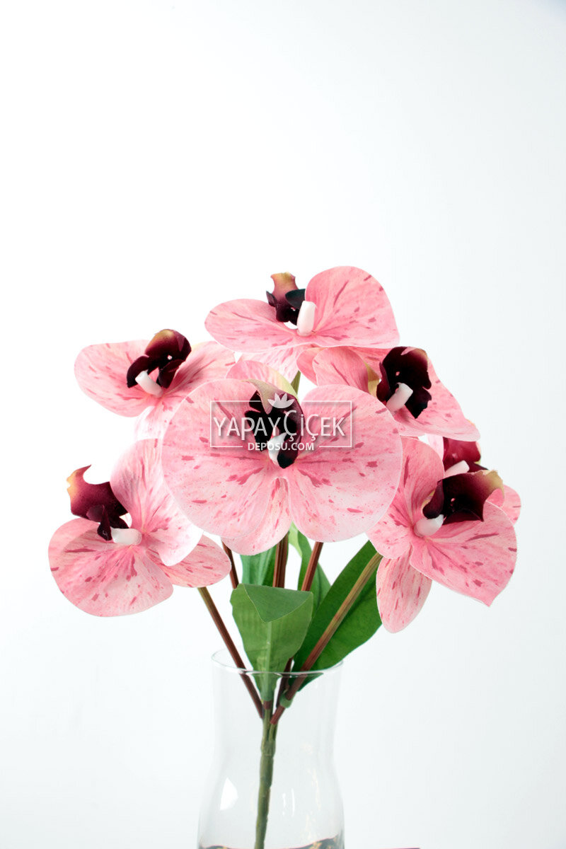 Yapay 7 Dallı Islak Dokulu Orkide Demeti 40 Cm Pembe Benekli