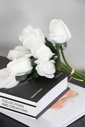 Yapay Çiçek Deposu - Yapay Lüx Islak 7li Gonca Gül Demeti 30 cm Beyaz