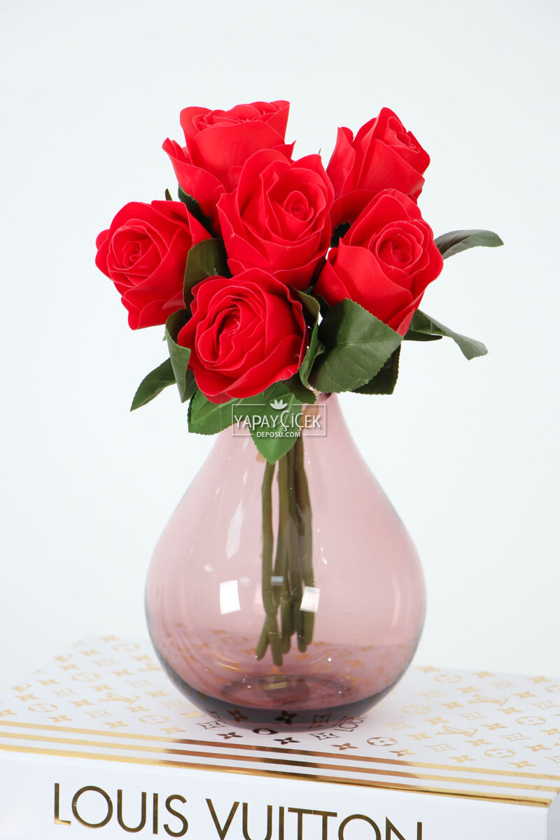 Yapay Lüx 6lı Islak Gül Demeti 28 Cm Kırmızı