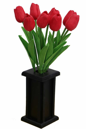 Yapay Çiçek Deposu - Ahşap Vazoda 8li Islak Lale Demeti Kırmızı 32 cm