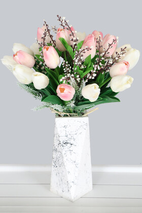 Yapay Çiçek Deposu - Mermer Desenli Prizmatik Vazoda Pıtırcıklı Islak Lale Beyaz-Pembe