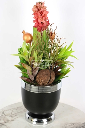 Yapay Çiçek Deposu - Metal Vazoda Lüx Tropikal Yapay Çiçek Tanzimi 45 cm