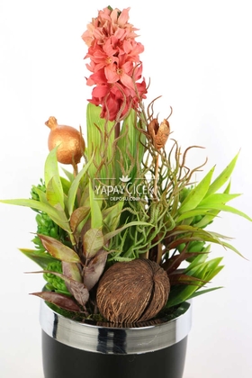 Metal Vazoda Lüx Tropikal Yapay Çiçek Tanzimi 45 cm - 3