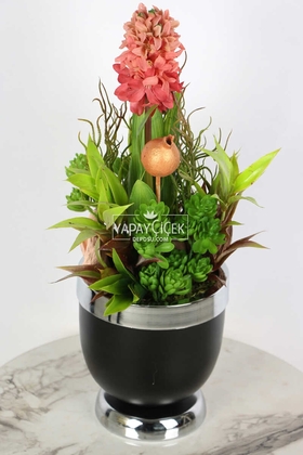 Metal Vazoda Lüx Tropikal Yapay Çiçek Tanzimi 45 cm - 5