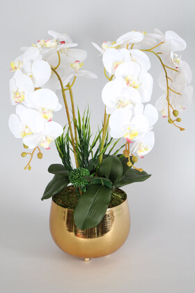 Yapay Çiçek Deposu - Metal Orta Boy Gold Saksıda Lüx 4lü Orkide Aranjmanı Beyaz
