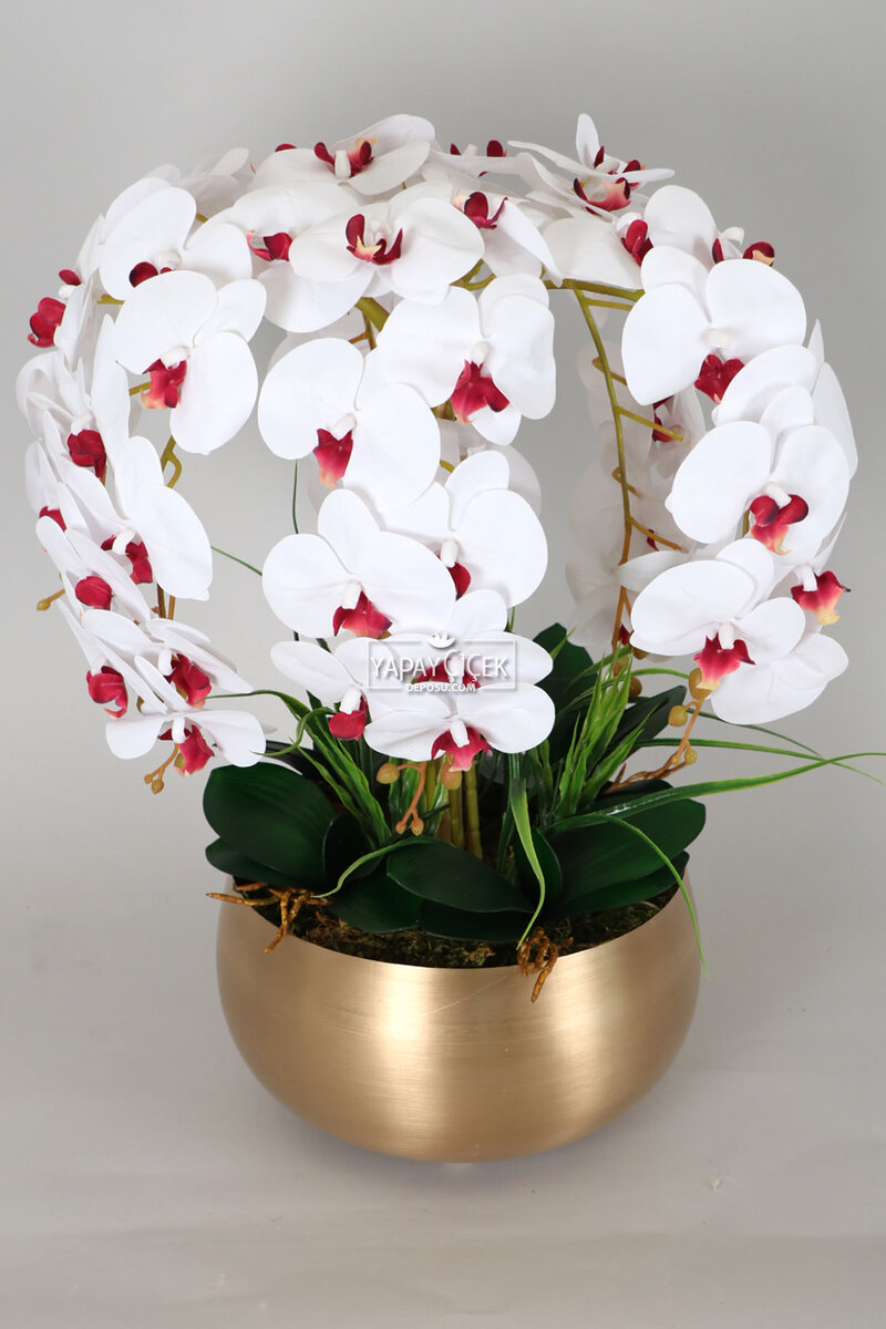 Metal Mat Gold Saksıda Yapay Islak Baskılı Orkide Beyaz Bordo