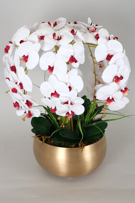 Yapay Çiçek Deposu - Metal Mat Gold Saksıda Yapay Islak Baskılı Orkide Beyaz Bordo