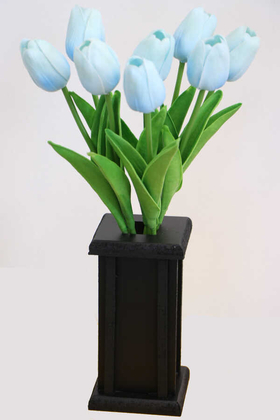 Yapay Çiçek Deposu - Ahşap Vazoda 8li Islak Lale Bebe Mavisi 32 cm