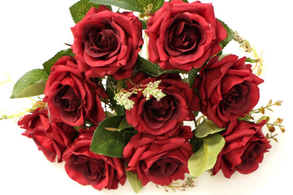 Yapay Çiçek 9lu Bordo Kırmızı Cipsolu Gül Demeti - Thumbnail