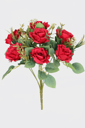 Yapay Çiçek Deposu - Gerçek Görünümlü Yapay Rosa Gallica Frenk Gül Demeti Kırmızı