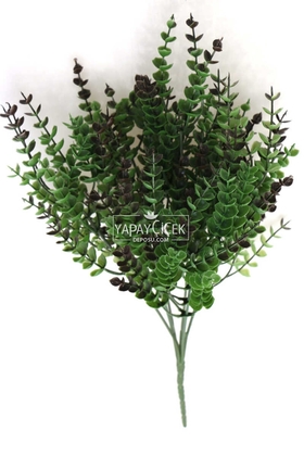 Yapay Çiçek Deposu - 7 Dal Plastik Okaliptus Demeti 35 cm Yeşil-Kahve