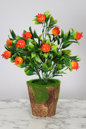 Yapay Çiçek Deposu - Dekoratif Yosunlu Saksıda Yapay Nar Demeti 30 cm