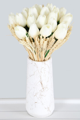 Yapay Çiçek Deposu - Mermer Desenli Lüks Vazoda Kuru Başaklı Islak Lale Şöleni 35 cm