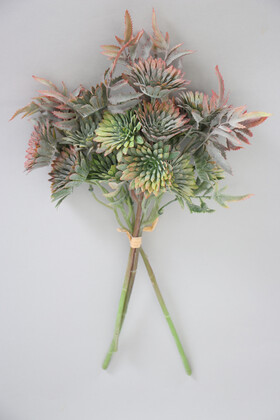 Yapay Çiçek Deposu - Yapay Lüx 3lü Pastel Bitki Dalı 32 cm Yeşil-Pembe